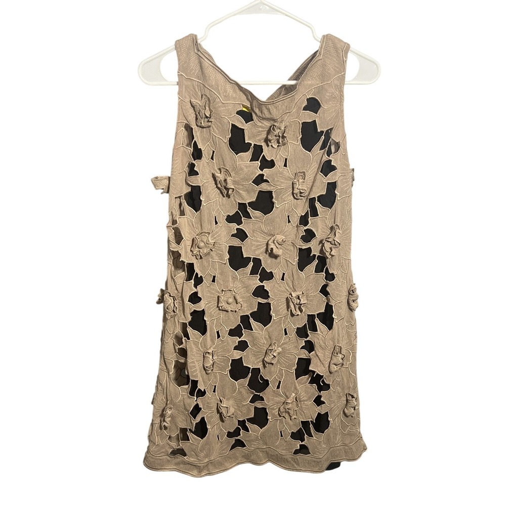 Catherine Malandrino Tan Crochet Floral Lace Dress & Black Silk Slip Set Size 8